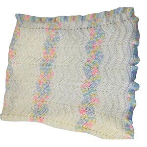 Handmade 44 X 60 crochet baby blanket white multicolor zigzag stripe ruffle edge